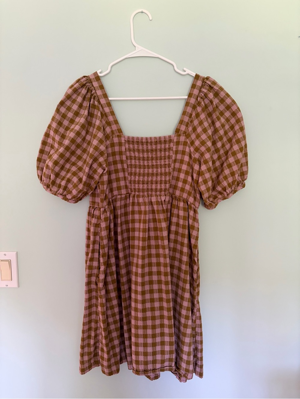 Madewell Brown and Pink Gingham Puff-Sleeve Mini Dress - Picture 3 of 3